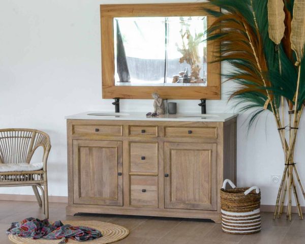 Mueble de baño con dos lavabos, de madera de mango y cuarzo blanco «Elégance»