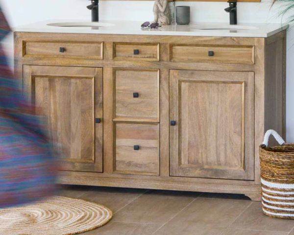 Mueble de baño con dos lavabos, de madera de mango y cuarzo blanco «Elégance»