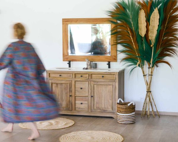 Mueble de baño con dos lavabos, de madera de mango y cuarzo blanco «Elégance»