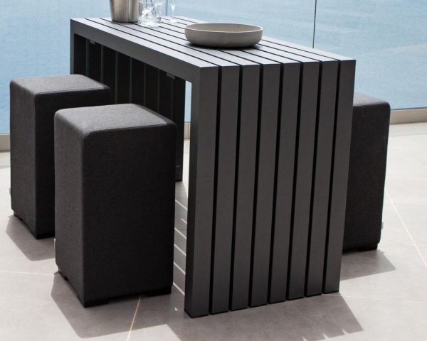 Mesa de bar y 6 taburetes de exterior con tapizado de tela Sunbrella «Java Island»