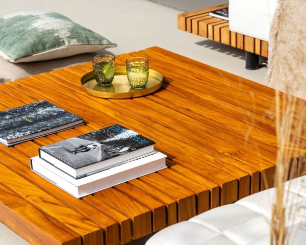 Mesa de centro cuadrada de teca maciza y aluminio, 120 x 120 cm, «Lombok»