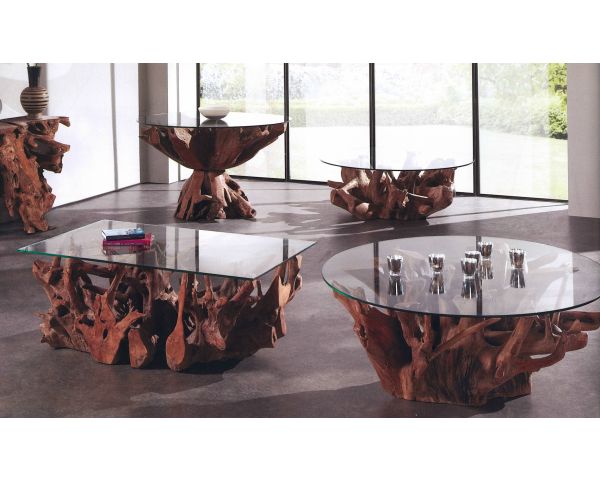 Mesa de salón rectangular de teca con base de raíz y tablero de cristal «Roots»