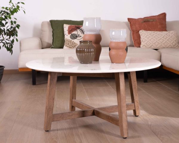 Mesa redonda de mármol de 90 cm con patas oblicuas de madera maciza de mango «Lor»