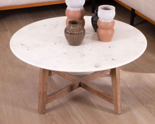 Mesa redonda de mármol de 90 cm con patas oblicuas de madera maciza de mango «Lor»