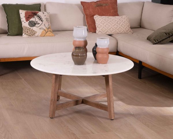 Mesa redonda de mármol de 90 cm con patas oblicuas de madera maciza de mango «Lor»