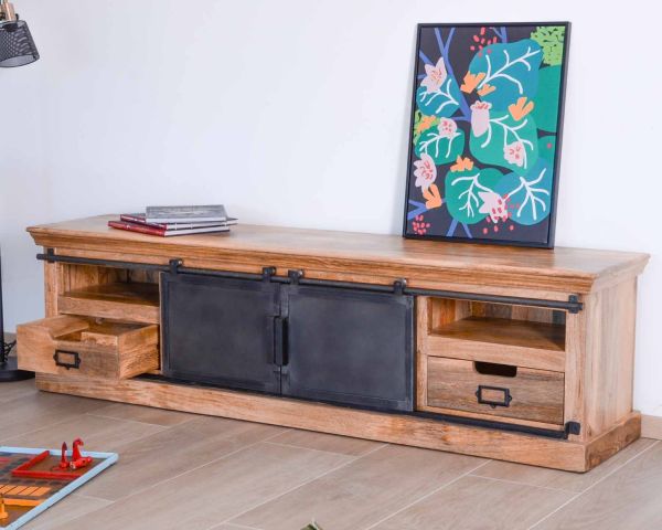 Mueble bajo para televisión de 180 cm, de madera maciza natural y metal gris «Haden»