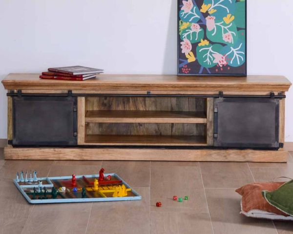 Mueble bajo para televisión de 180 cm, de madera maciza natural y metal gris «Haden»