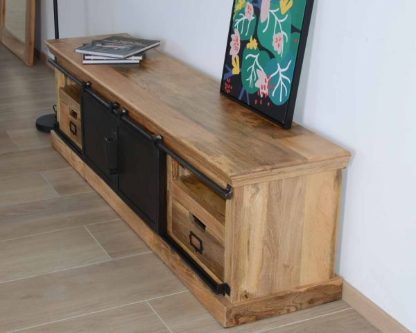 Mueble bajo para televisión de 180 cm, de madera maciza natural y metal gris «Haden»