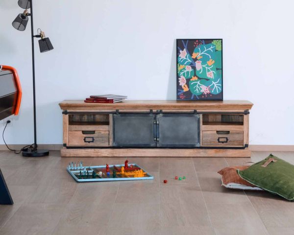 Mueble bajo para televisión de 180 cm, de madera maciza natural y metal gris «Haden»