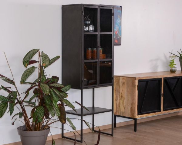 Vitrina estilo «Factory» de dos puertas, de metal negro y cristal «Black Cook»
